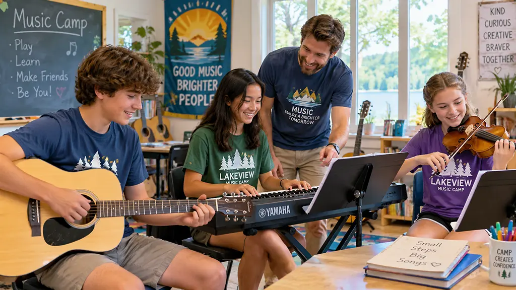 Teen musicians working together with keyboards and music production equipment at summer Music Camp