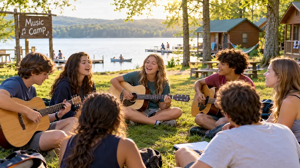 Kids and teens collaborating on songwriting and music creation during a summer Music Camp